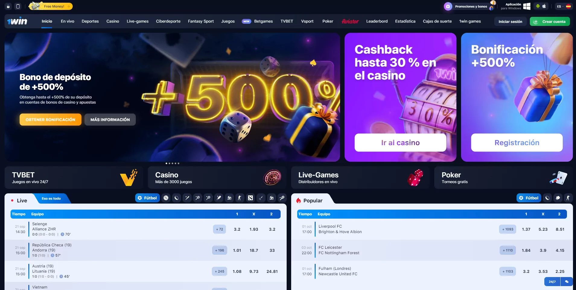interfaz y usabilidad del sitio web de 1win